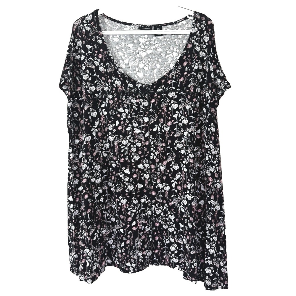 Womens 2X Floral Blouse V-Neck Short Sleeve Tee Flowy Whimsigoth Dark Cottage